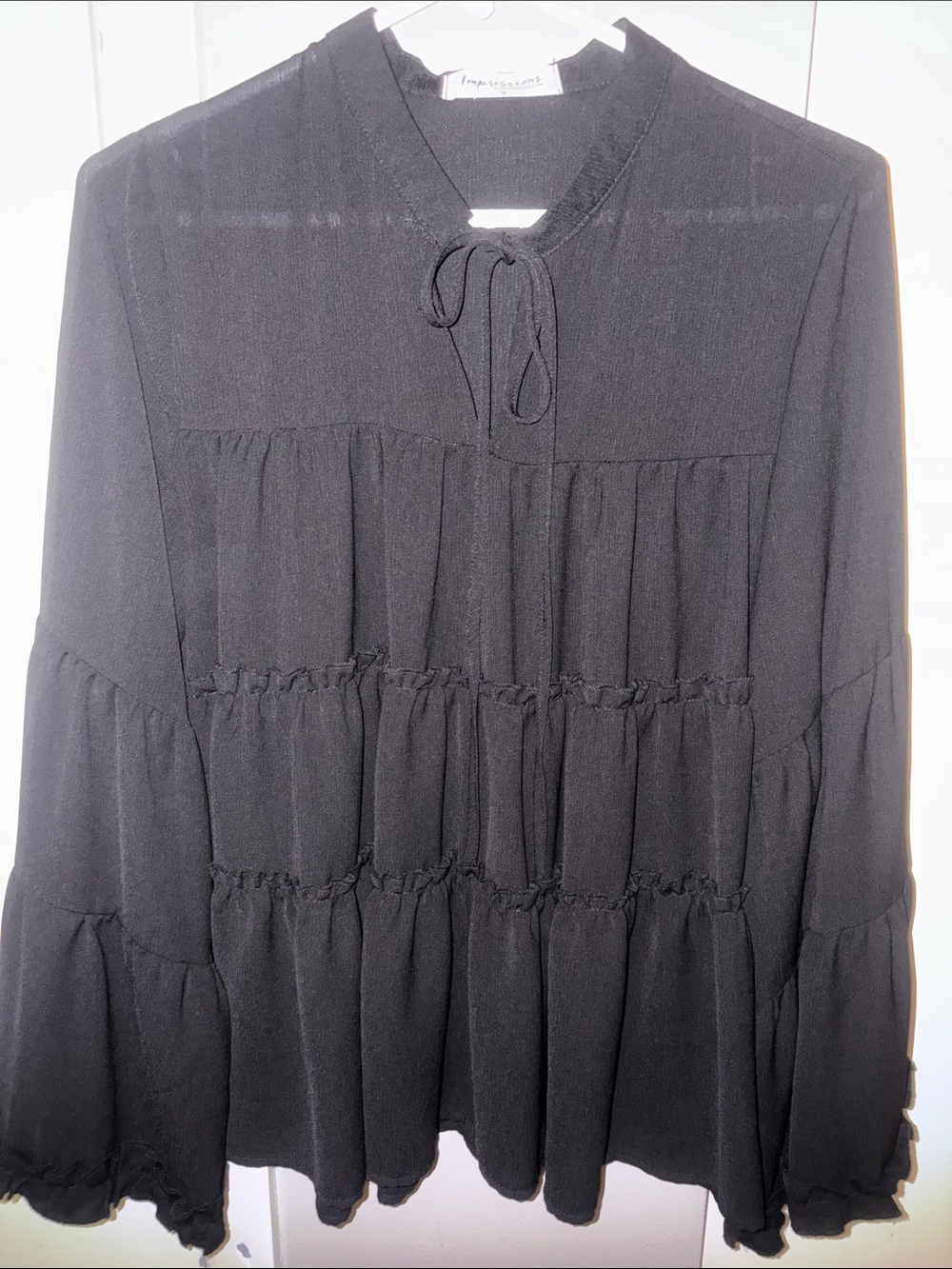 Impressions Black Ruffled Peasant Blouse